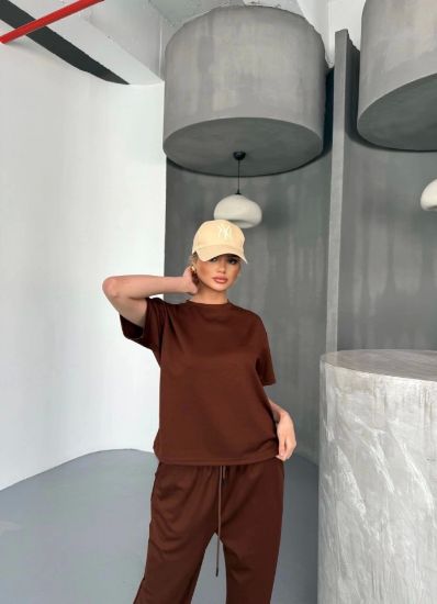 Osy Modal Yumuşak Dokulu Kumaş Kısa Kollu Bluz Rahat Pantalon Ikili Takım- Kahverengi resmi